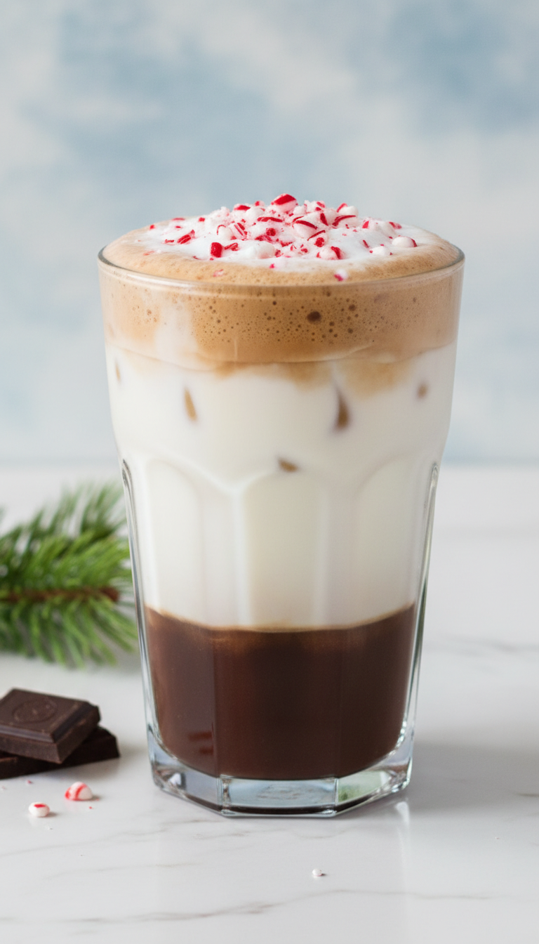 Peppermint Mocha Iced Latte, cold foam, crushed peppermint in clear glass on white marble. Bright festive winter coffee.