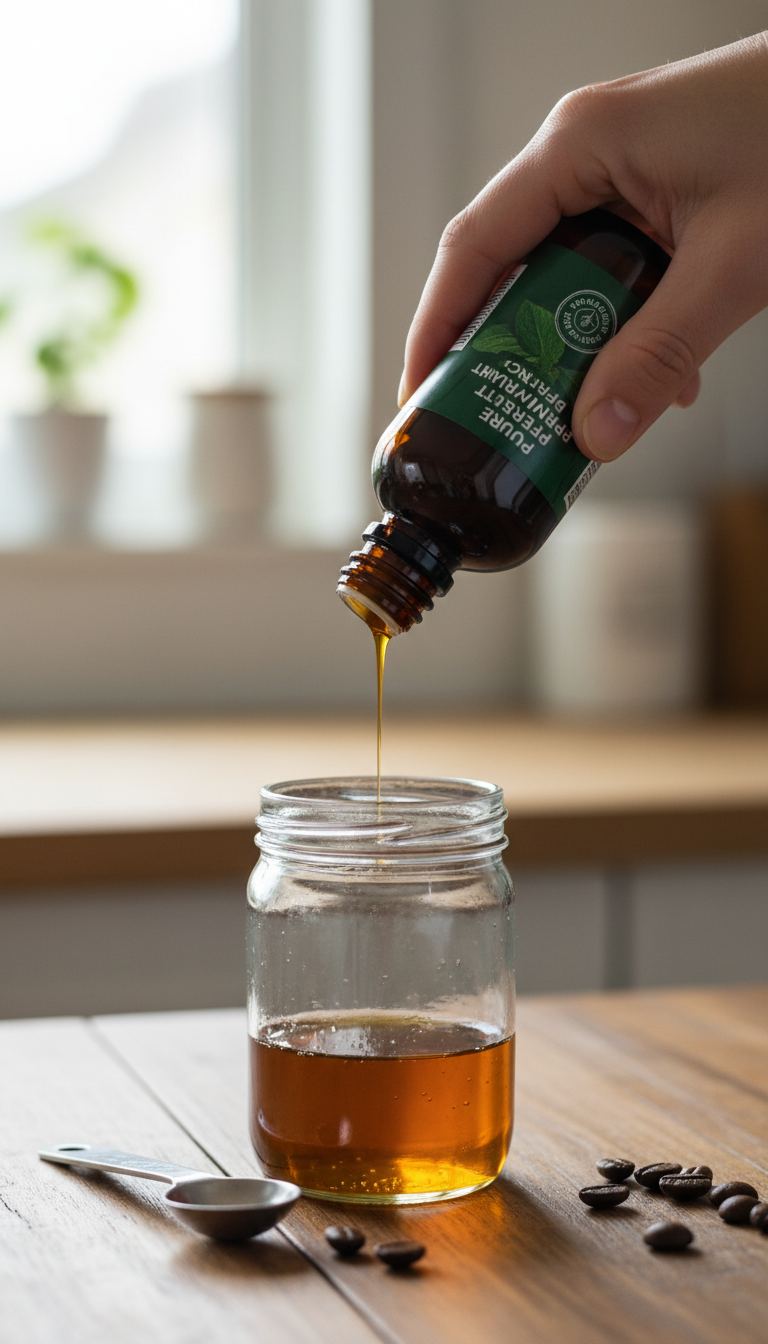 Homemade Peppermint Coffee Syrup Perfect Coffeehouse Taste 3 Peppermint extract dripping from an amber bottle into clear simple syrup in a glass jar on a rustic wood table for homemade coffee syrup.