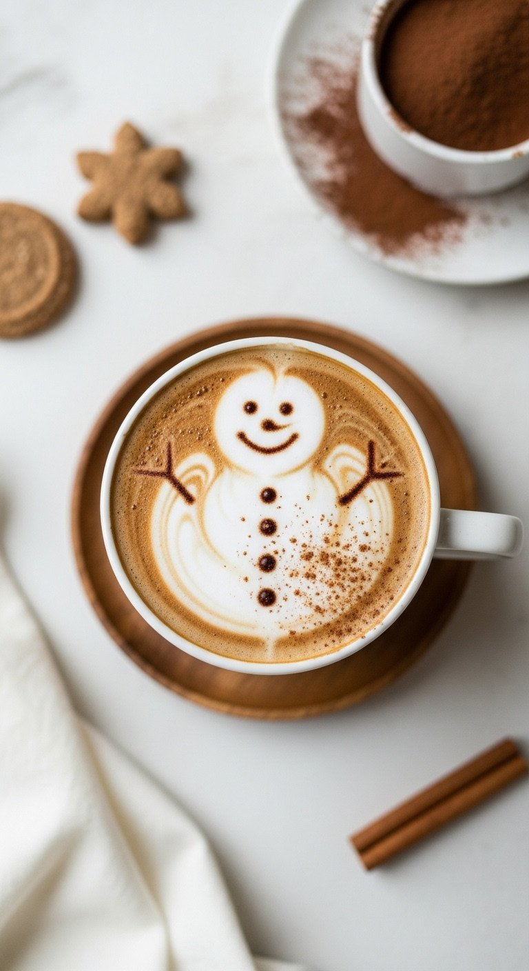 Perfect snowman latte art with chocolate dots and cinnamon on rich brown crema in a white ceramic mug. Festive holiday coffee.