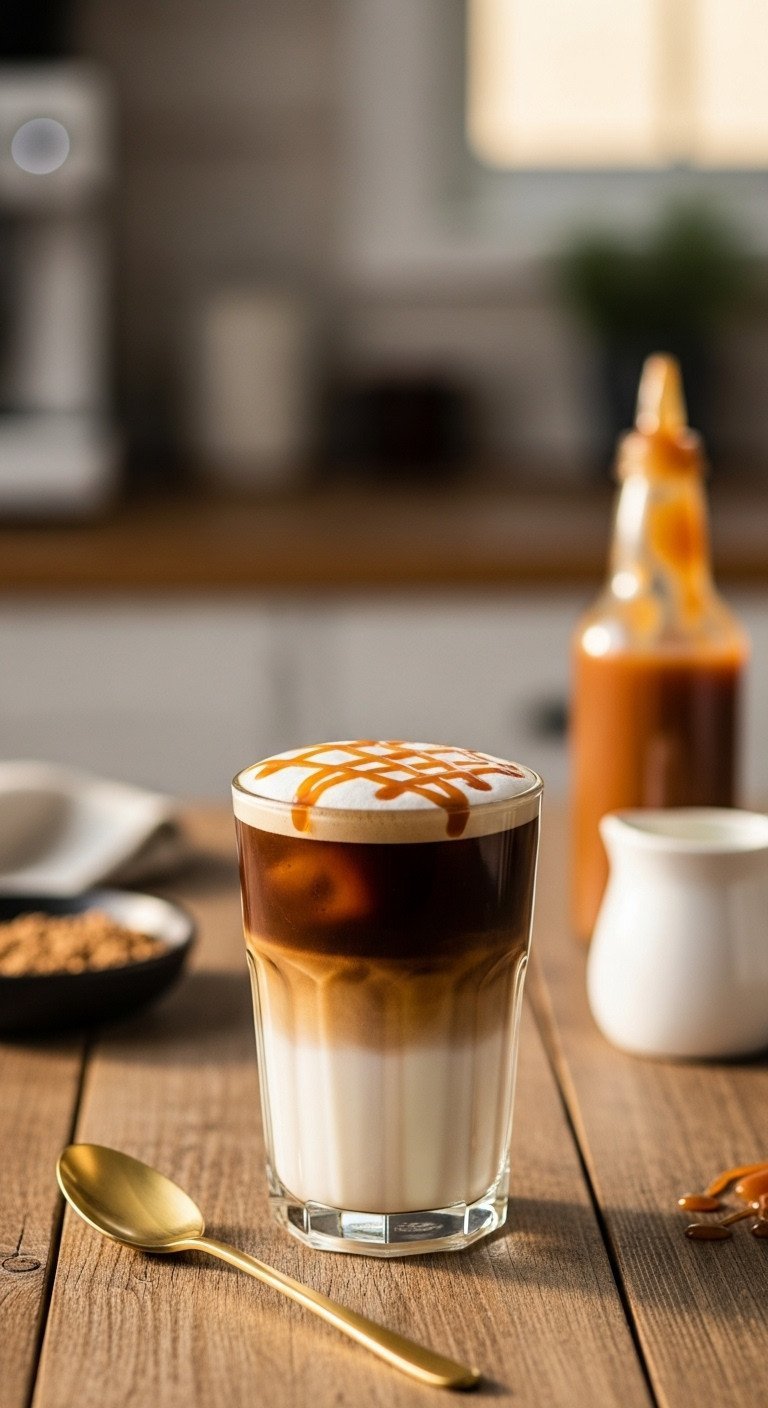 Perfectly layered Iced Caramel Macchiato in a tall glass with milk, espresso, and a golden caramel drizzle on top.