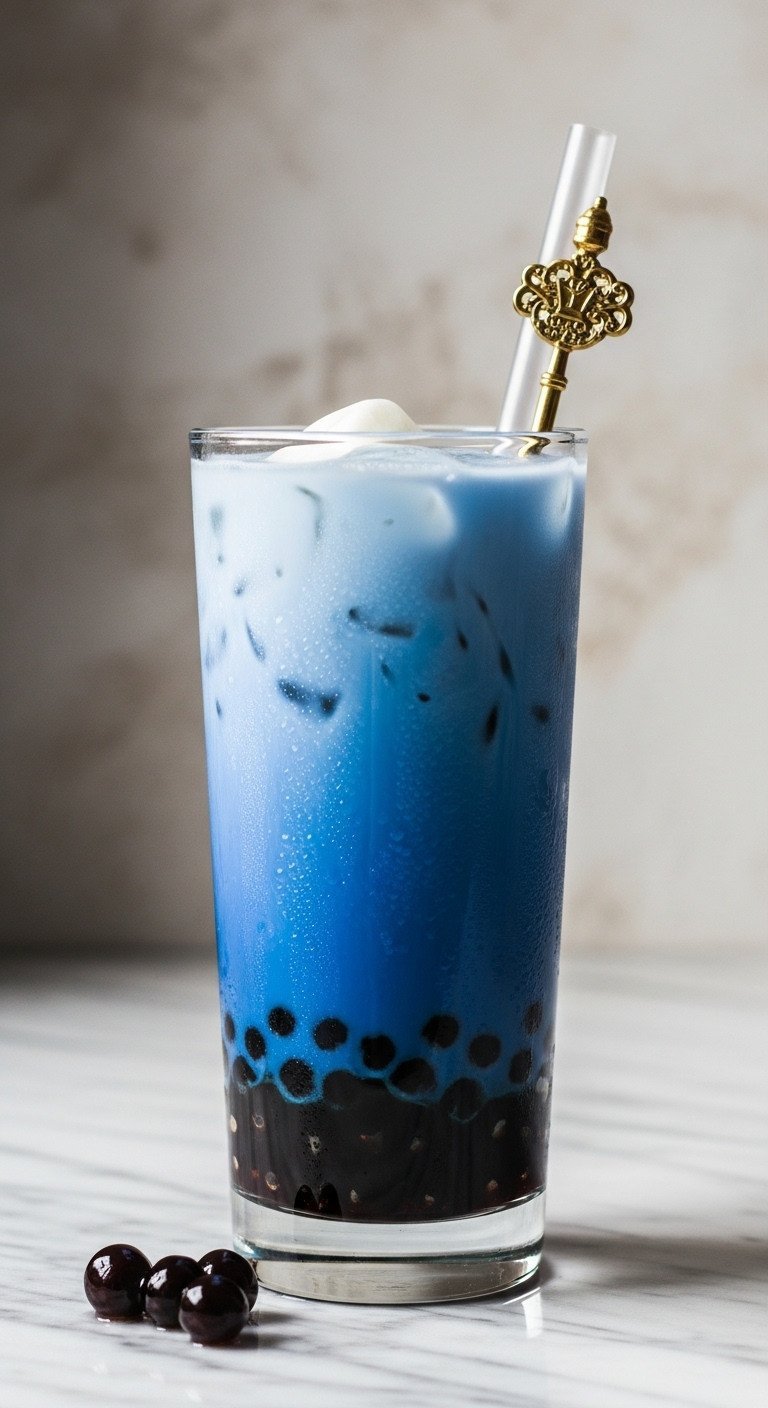 Blue Milk Tea Recipe And Secrets For Perfect Boba 11 Perfectly layered blue milk tea in a tall glass with boba pearls, indigo tea, and creamy white milk, on a marble counter.