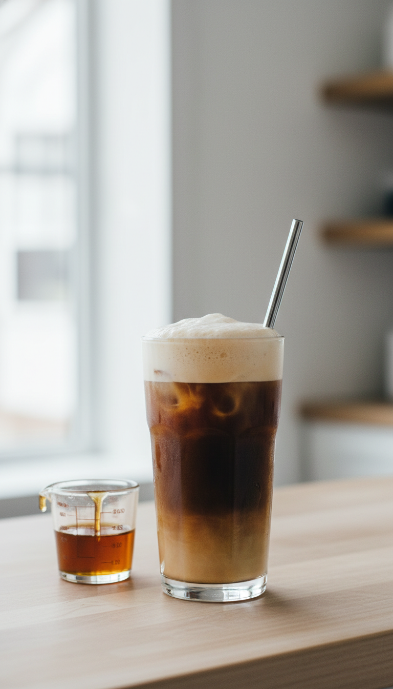 Perfectly layered iced almond latte in a tall glass with almond syrup, cold brew, frothed milk, metal straw, coffee bar.