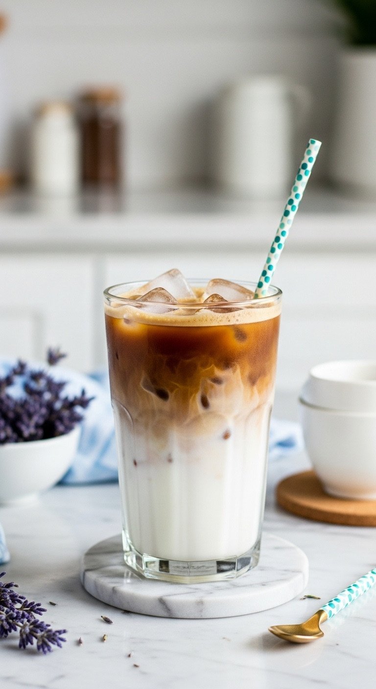 Lavender Latte Expert Guide Hot Or Iced With Tested Ratios 5 Perfectly layered iced lavender latte in a tall glass with milk, espresso, cold foam, and ice on marble.