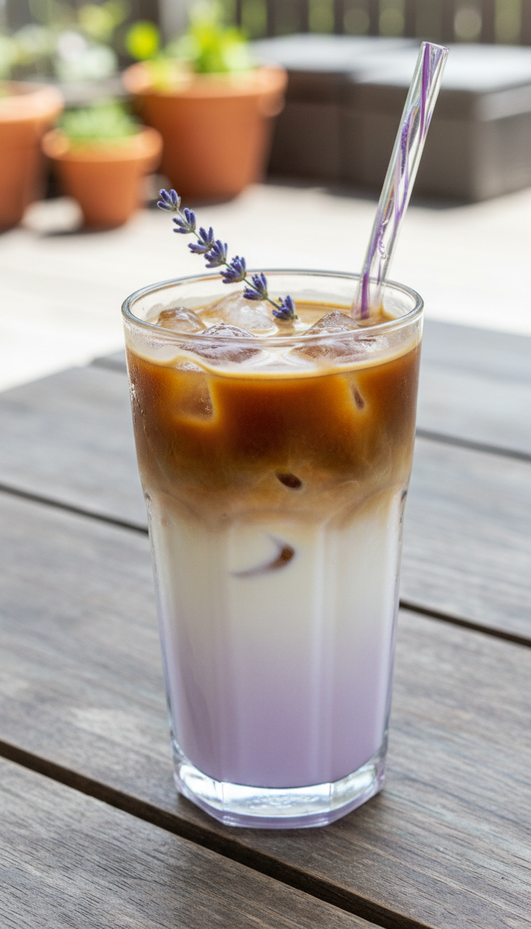 Homemade Lavender Coffee Syrup: Fresh & Dried Guide 9 Perfectly layered iced lavender latte with espresso, milk, purple syrup, and a fresh lavender sprig on a rustic table.