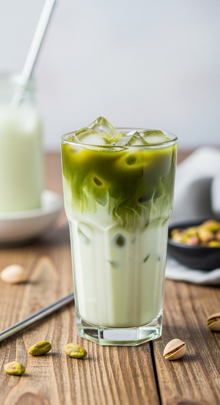 Pistachio Matcha Latte Ultimate Recipe for Perfect Layering and Flavor 9 Perfectly layered iced pistachio matcha latte with creamy pale green milk and vibrant green matcha in a tall glass, rustic table.