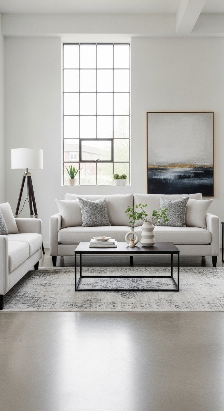 Perfectly scaled sofa, coffee table, rug in living room. Whites, slate gray, light creams, bright light.