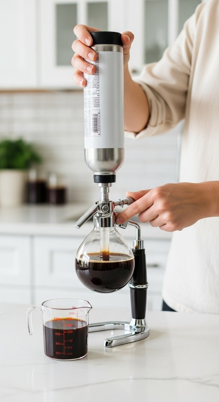 Person attaches nitrogen cartridge to stainless steel cold brew siphon. Technical detail for homemade nitro cold brew preparation.