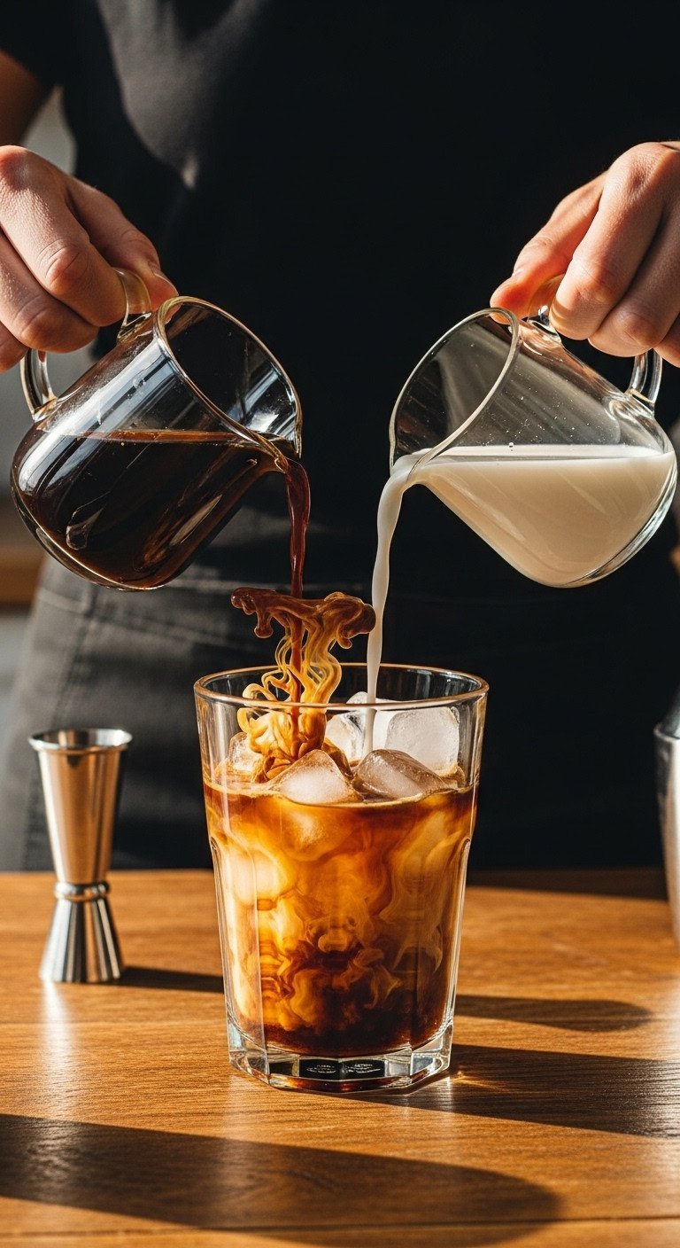 Cold Brew Coffee Master Guide To Smooth Low Acid Ratio Secrets 13 Person pouring milk into a glass with ice and cold brew concentrate, showing swirling mixture on a rustic table.