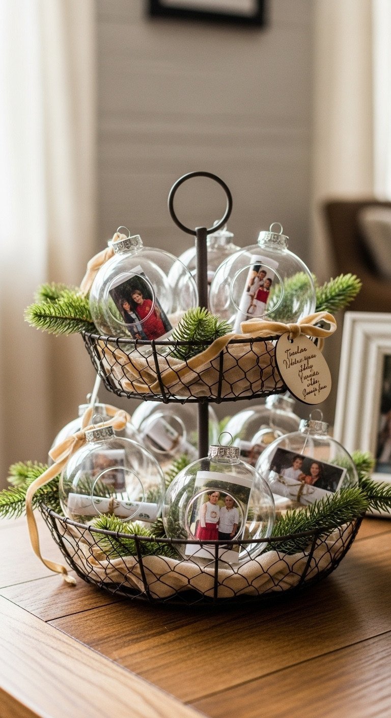Personalized Christmas decor: glass ball ornaments with vintage family photos in a tiered wire basket with evergreen sprigs on a rustic table.