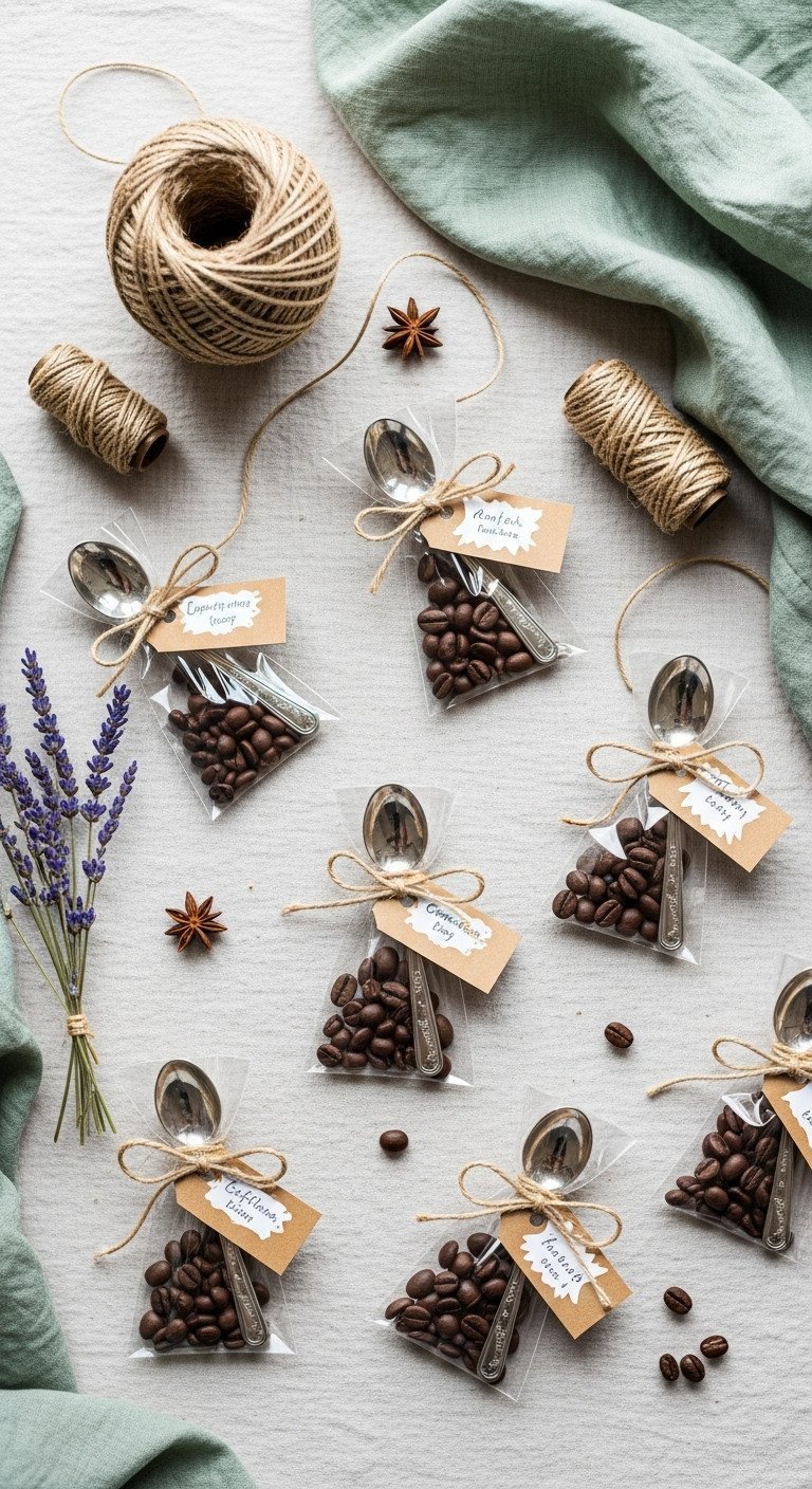 7 Easy Christmas Coffee Party Ideas for a Stress-Free Holiday 13 Personalized coffee party favors: gourmet beans, mini-spoon, tag in cellophane bag with twine on linen tablecloth. Thoughtful holiday gifts.