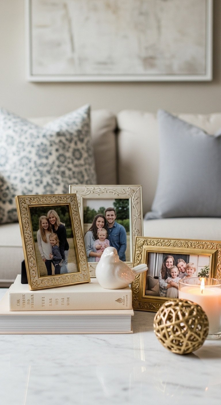 Personalized coffee table decor: elegant picture frames with family photos, ceramic bird souvenir on books, marble table.