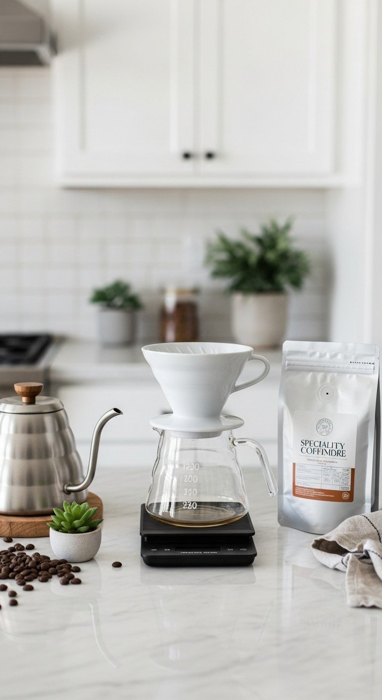 Pinterest-style flat lay of a pour-over coffee station with a gooseneck kettle, ceramic V60 dripper, and scale on marble.
