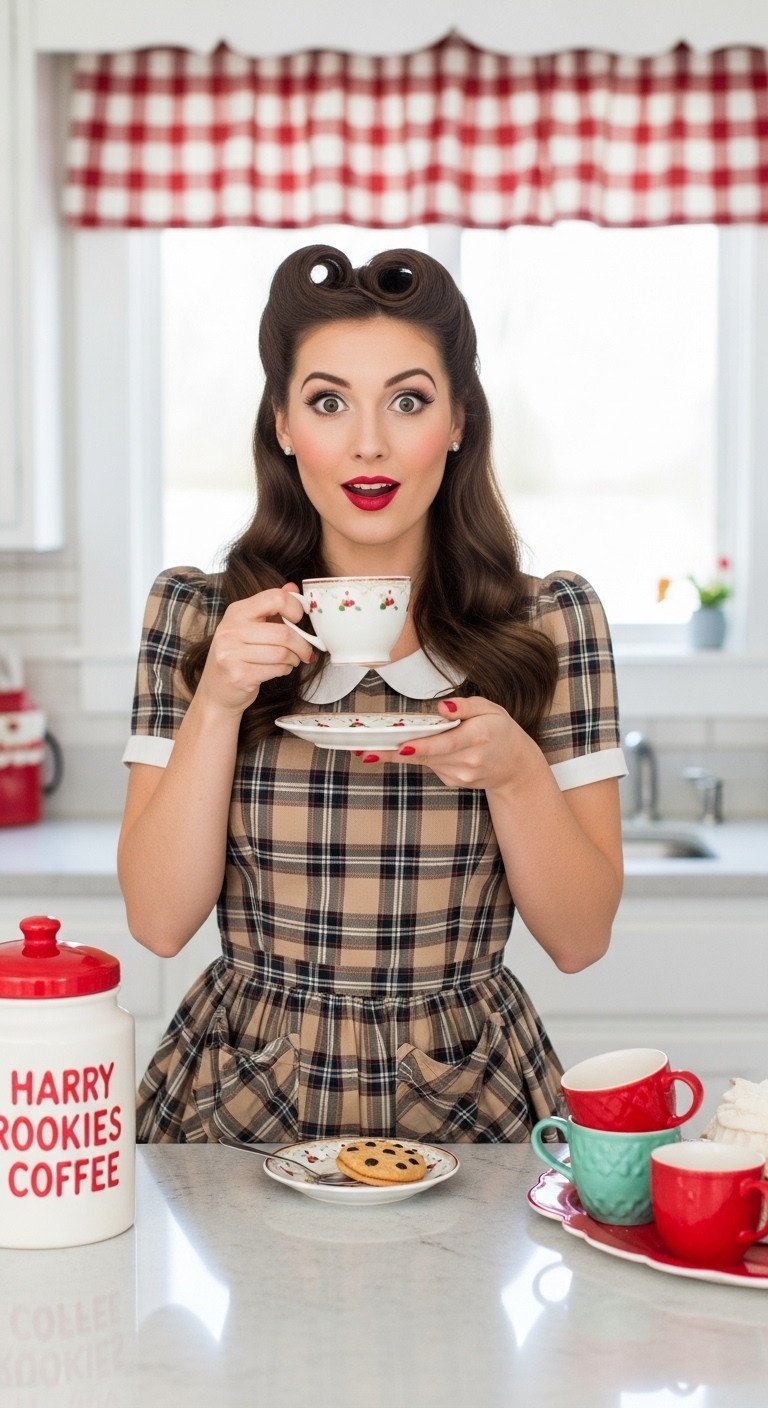 Pinup model with victory rolls, red lipstick, holding vintage coffee cup, retro plaid dress, festive Christmas backdrop.