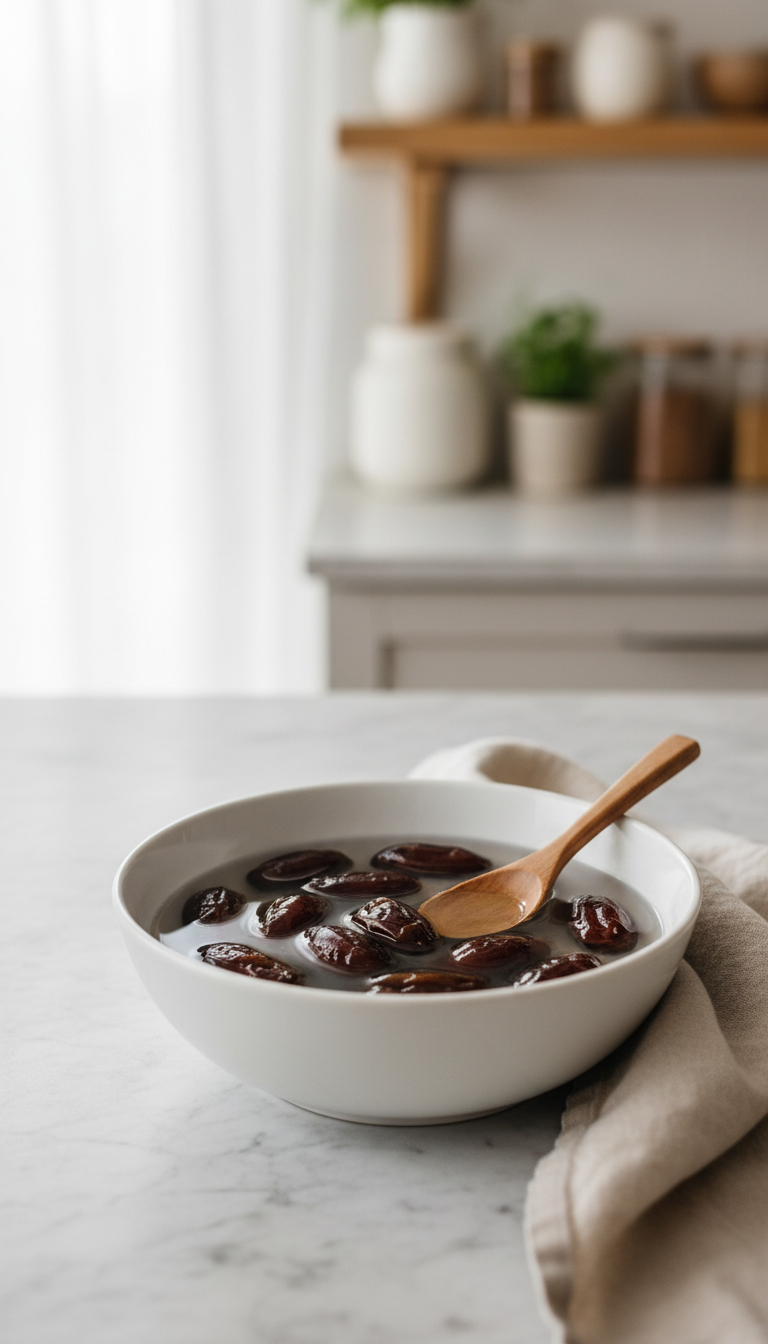 Homemade Date Coffee Syrup: Easy Natural Sweetener 1 Pitted Medjool dates soaking in hot water in a white ceramic bowl, a crucial step in homemade date syrup preparation.