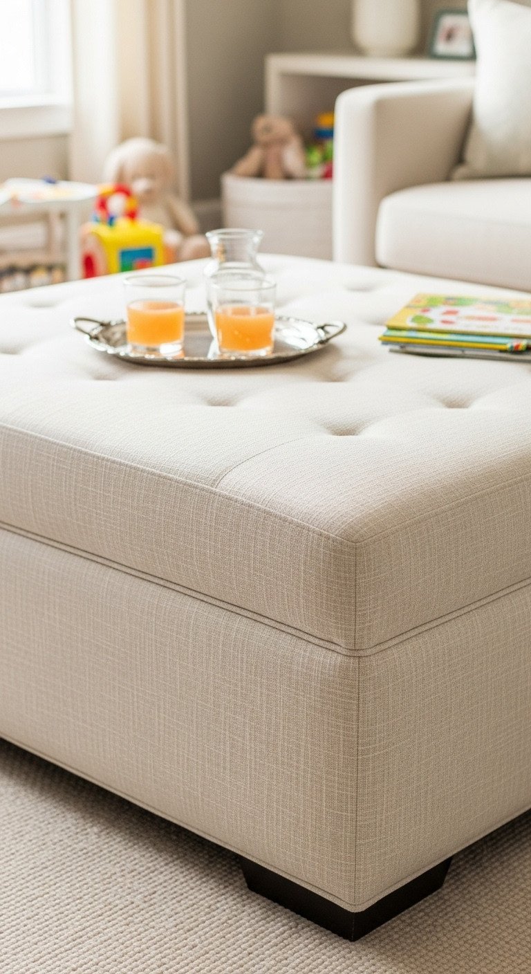 Plush custom upholstered ottoman coffee table with durable child-friendly fabric, silver tray, and child's board book.