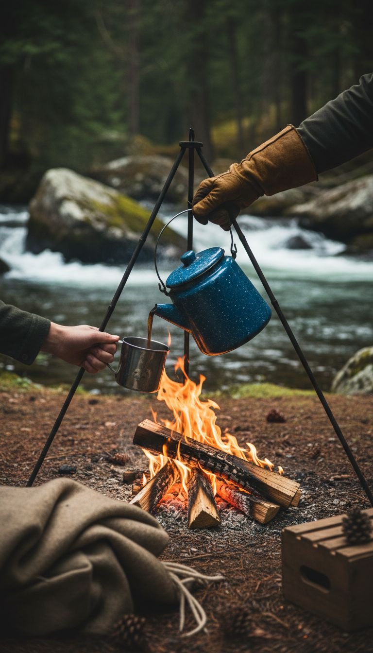 Pouring campfire coffee from an old-school enamel pot into a tin mug at a rustic riverside campsite in the woods.