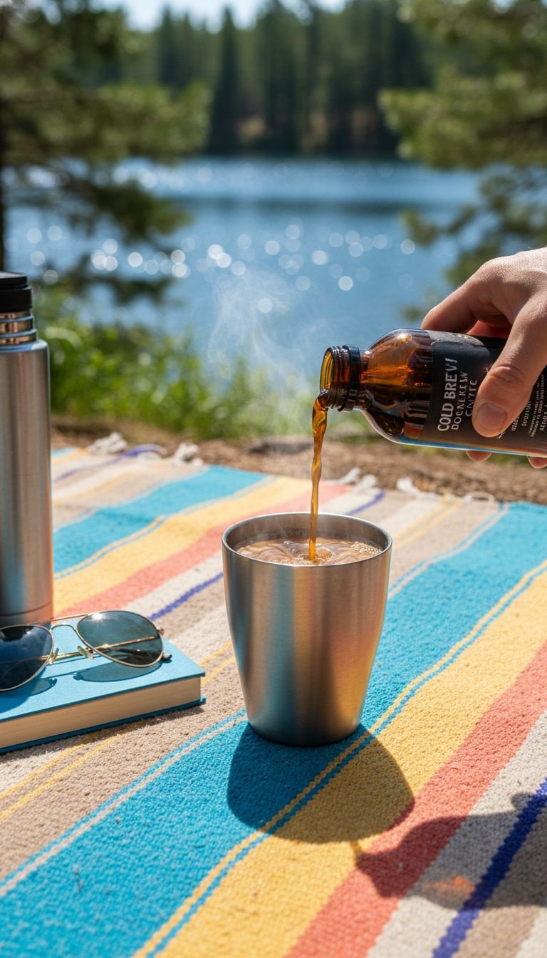 Pouring cold brew coffee concentrate into an insulated tumbler for a quick camp coffee on a blanket near a sparkling lake.