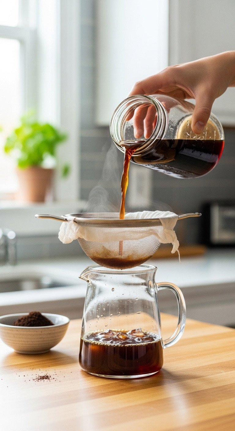 Make Perfect Cold Brew Coffee At Home Without The Mistakes 9 Pouring dark cold brew concentrate from a jar through a fine-mesh sieve into a clean glass carafe on a wood counter.