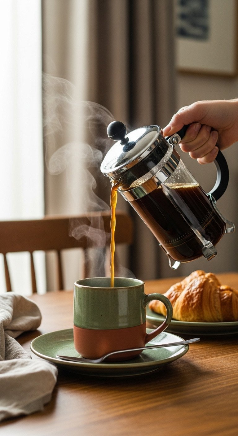 Pouring dark, hot coffee from a glass French press into a ceramic mug on a rustic table with a croissant nearby.