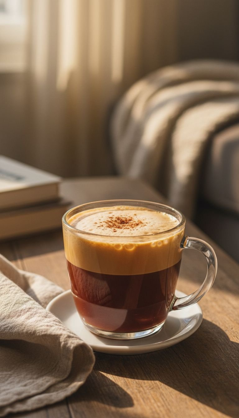 Hojicha Latte Master Recipe for Perfect Creamy Flavor 9 Pouring frothed milk into a glass mug with dark Hojicha base, forming a beautiful creamy brown latte gradient.