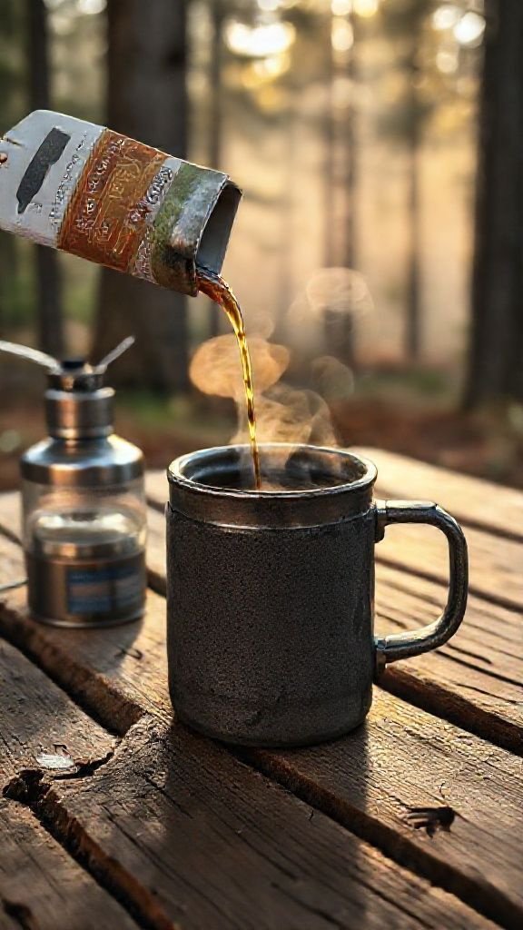 Pouring specialty instant coffee from a single-serve packet into an insulated camp mug at a rustic campsite in the woods.
