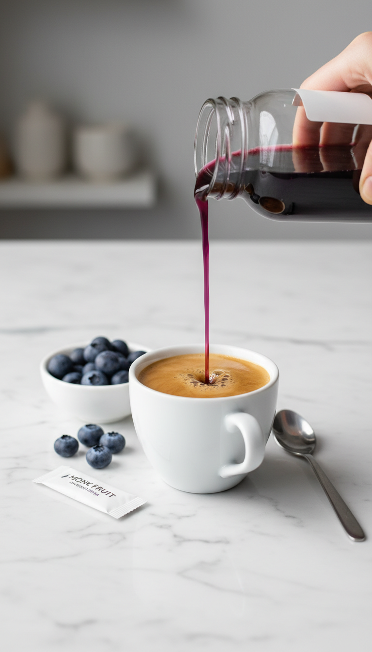 Homemade Blueberry Coffee Syrup: Easy Steps for Flavorful Drinks 3 Pouring sugar-free blueberry coffee syrup from a sleek jar into an espresso cup on a marble counter, with fresh blueberries and sweetener.