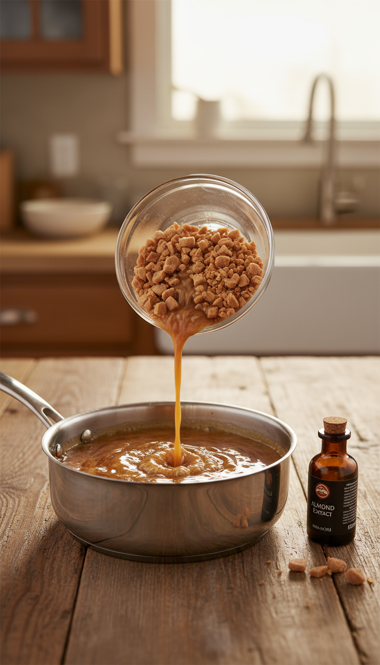 Homemade Toffee Nut Coffee Syrup: Ultimate Starbucks Dupe 3 Pouring toffee bits into simmering brown sugar solution for homemade toffee nut coffee syrup infusion, rustic kitchen setting.