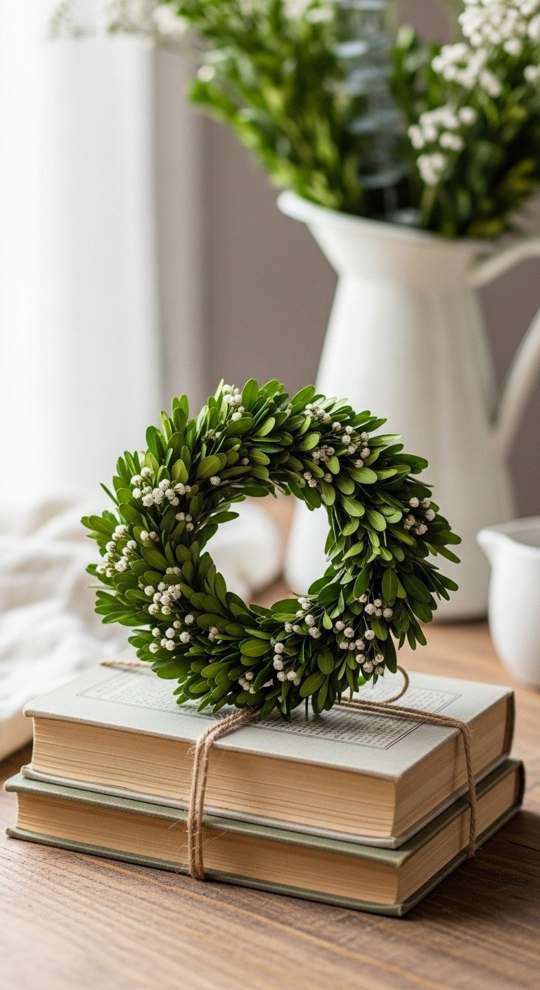 Preserved boxwood wreath on vintage books with twine on rustic wood table. Minimalist farmhouse home decor accents.