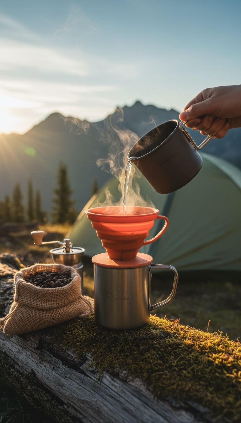 Pressing an AeroPress Go coffee maker to brew directly into its travel mug on a truck tailgate at a scenic overlook.