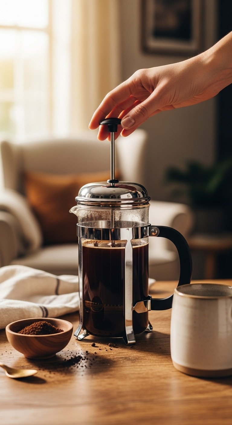 How To Make Black Coffee The Right Way For Perfect Taste 5 Pressing the plunger on a glass and stainless steel French press filled with dark coffee on a rustic wooden table.