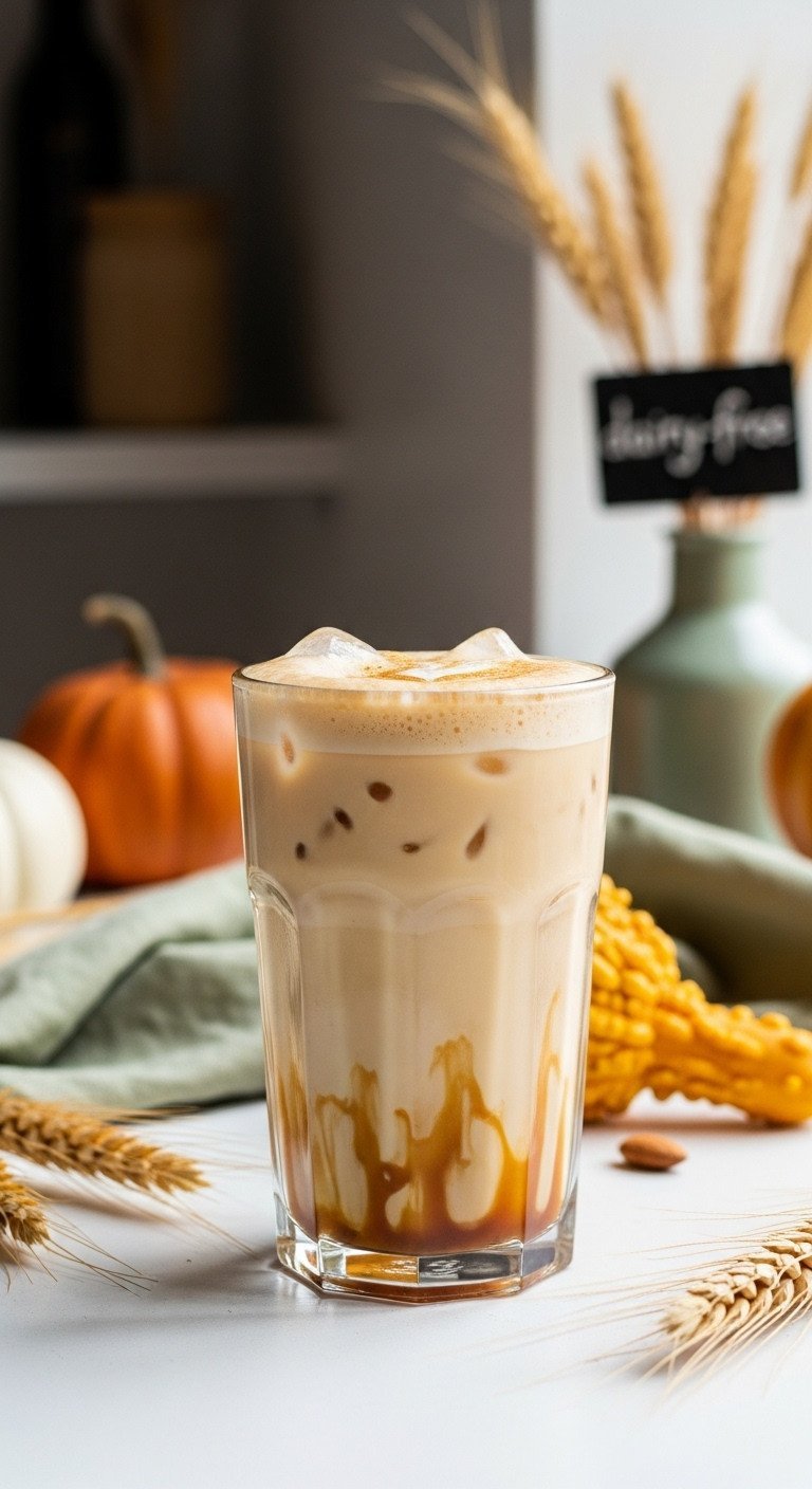 Pristine Iced Pumpkin Spice Latte with layered espresso, milk, whipped cream, caramel drizzle, and cinnamon sugar on a rustic table. Cozy fall drink.