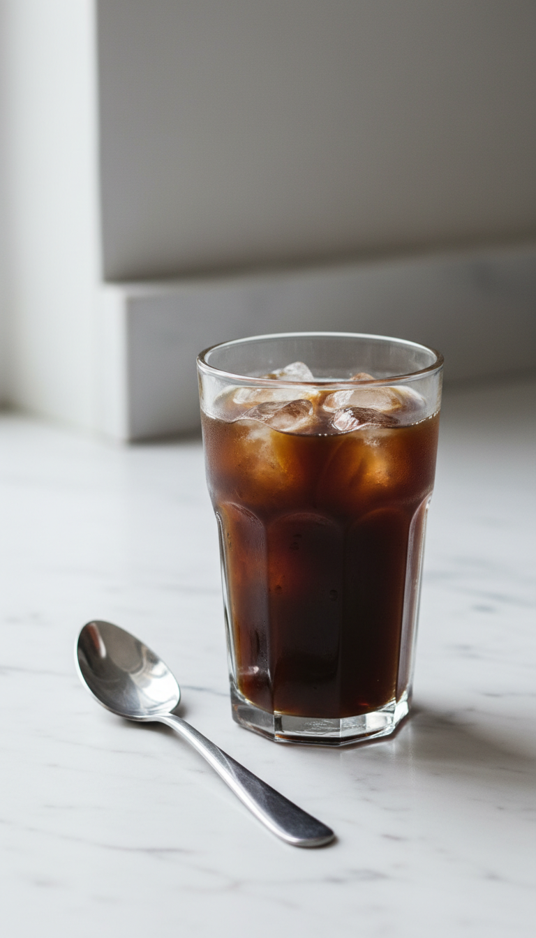 Pristine clear glass of fresh iced coffee with melting ice on a marble countertop, evoking a fresh, clean feeling.