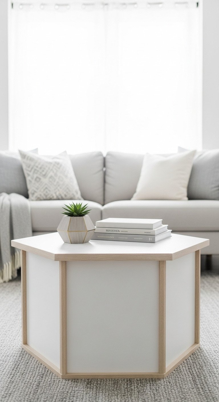 11 Genius Geometric Coffee Table Designs You Need 1 Pristine matte white hexagonal coffee table on a light gray rug, styled with a succulent in a minimalist living room.