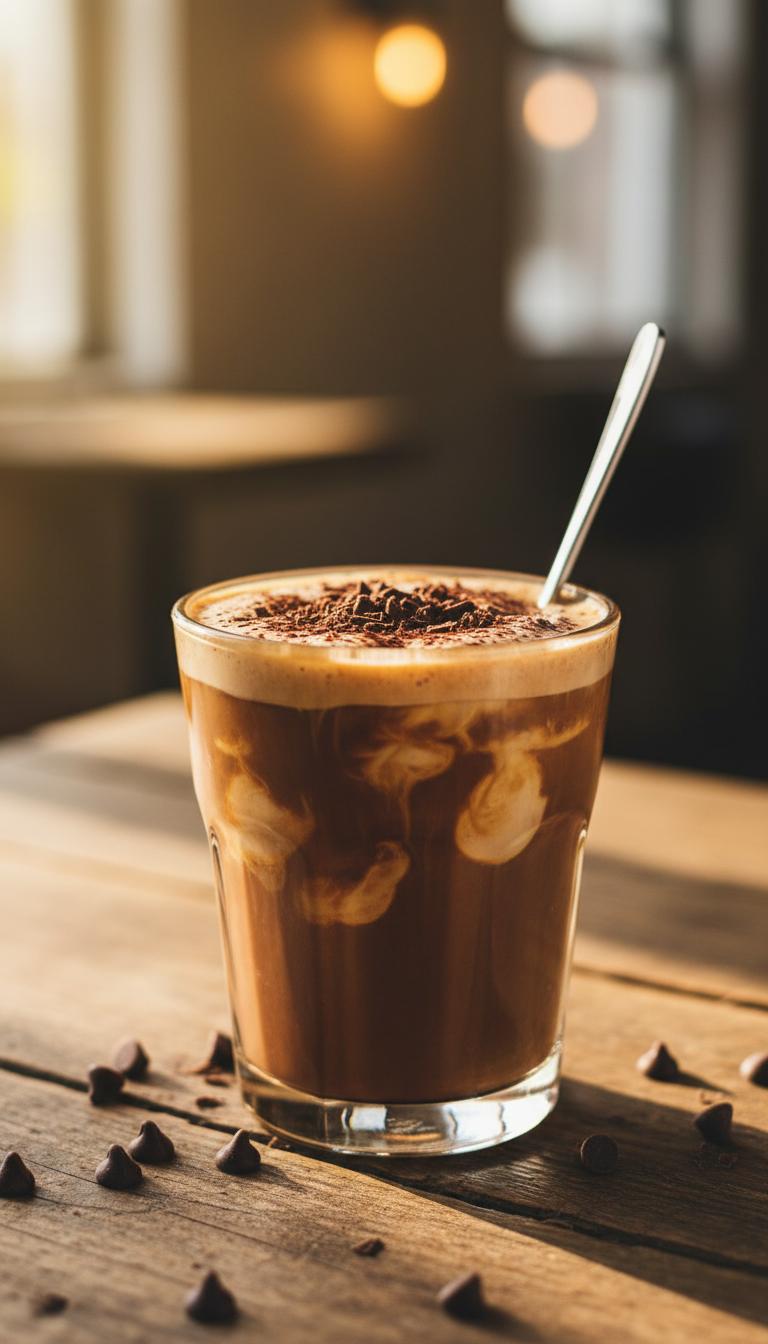 Pumpkin Chocolate Twist Iced Coffee with cocoa dusting, pumpkin swirls, on rustic wood with chocolate chips. Rich fall mocha blend.