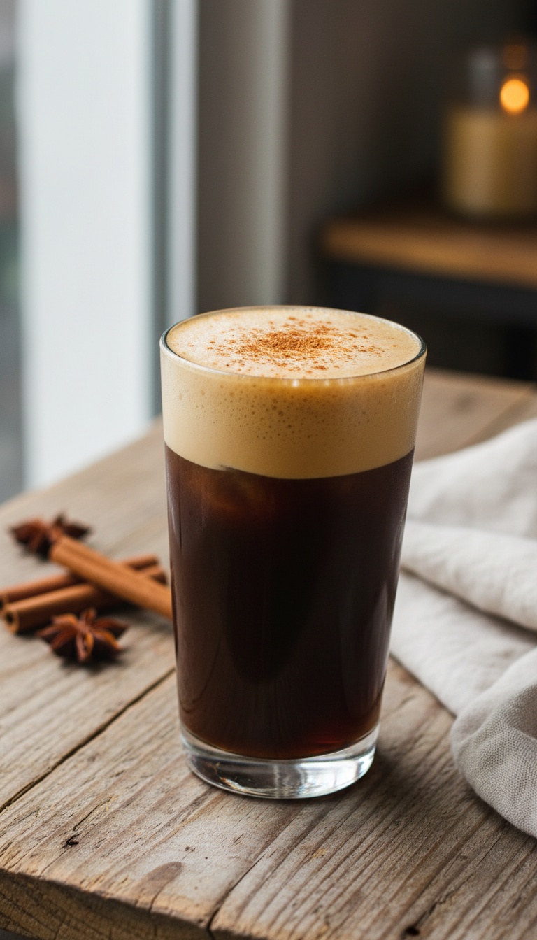 Pumpkin Shaken Cold Brew with cinnamon dusting, on rustic wood with whole spices. Rich, spiced autumn coffee texture.