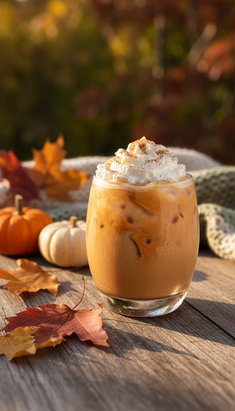 Pumpkin spice iced chai latte with whipped cream, fall leaves, and pumpkins on a rustic table. Perfect cozy autumn drink.