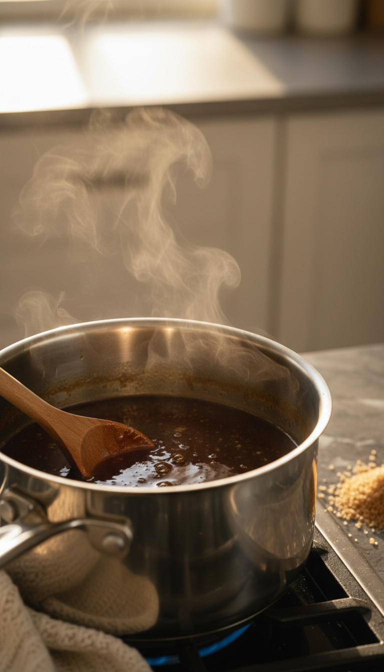 Pumpkin spice syrup simmers in a steel saucepan on dark marble stovetop. Steam, wooden spoon. Golden hour light, cozy kitchen.
