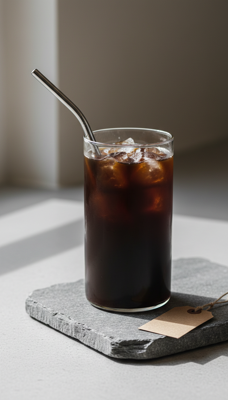Dunkin' Sugar Free Iced Coffee: 11 Best Healthy Orders 19 Pure dark cold brew coffee over ice in minimalist glass jar, metal straw on stone surface, bright daylight.