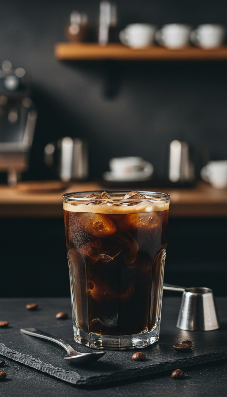Pure iced espresso, dark rich shots over ice in a small glass on black slate, coffee beans, measuring spoon.