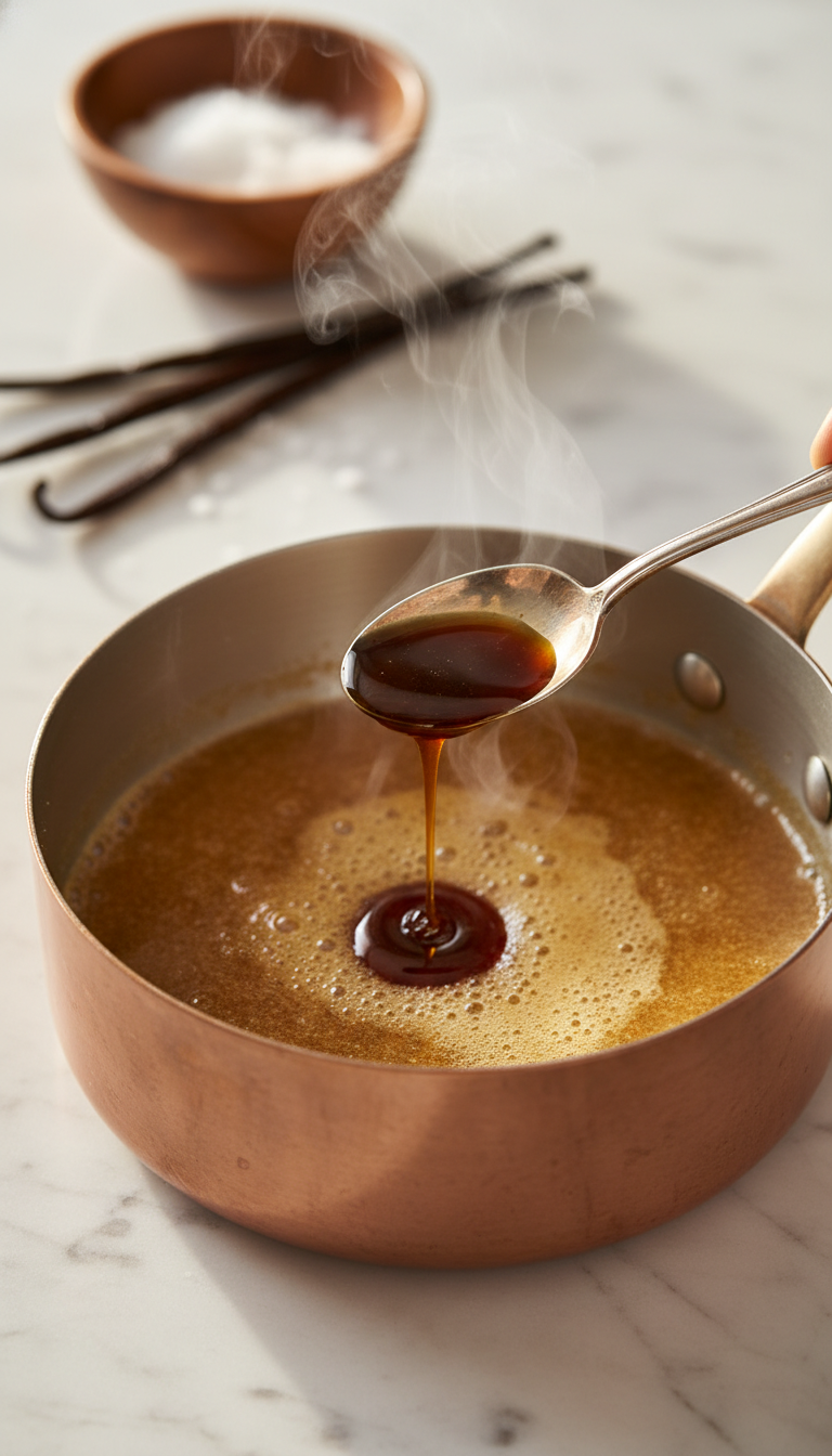 Homemade Coconut Sugar Coffee Syrup: 7 Easy Tips 3 Pure vanilla extract being added to golden coconut sugar syrup simmering in copper saucepan. Flavor infusion process.