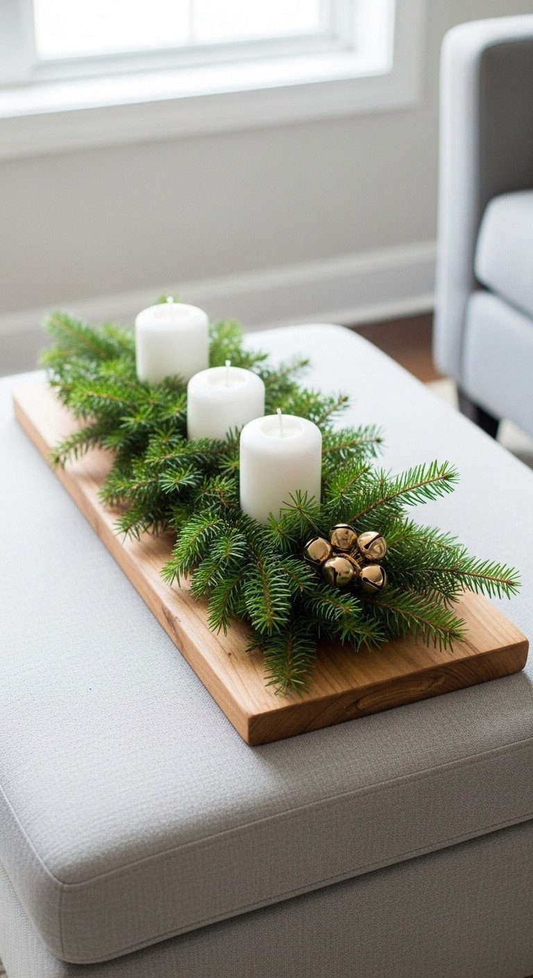 Raw wood cutting board with fresh evergreen greenery, white pillar candles, and brass bells on an ottoman. Modern, clean holiday decor.
