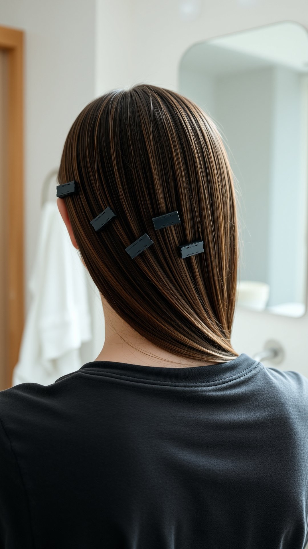 The Proven Coffee Hair Dye Recipe For A Natural Brown Tint 7 Rear view of a woman's damp brunette hair sectioned into four quadrants with black salon clips before a hair treatment.