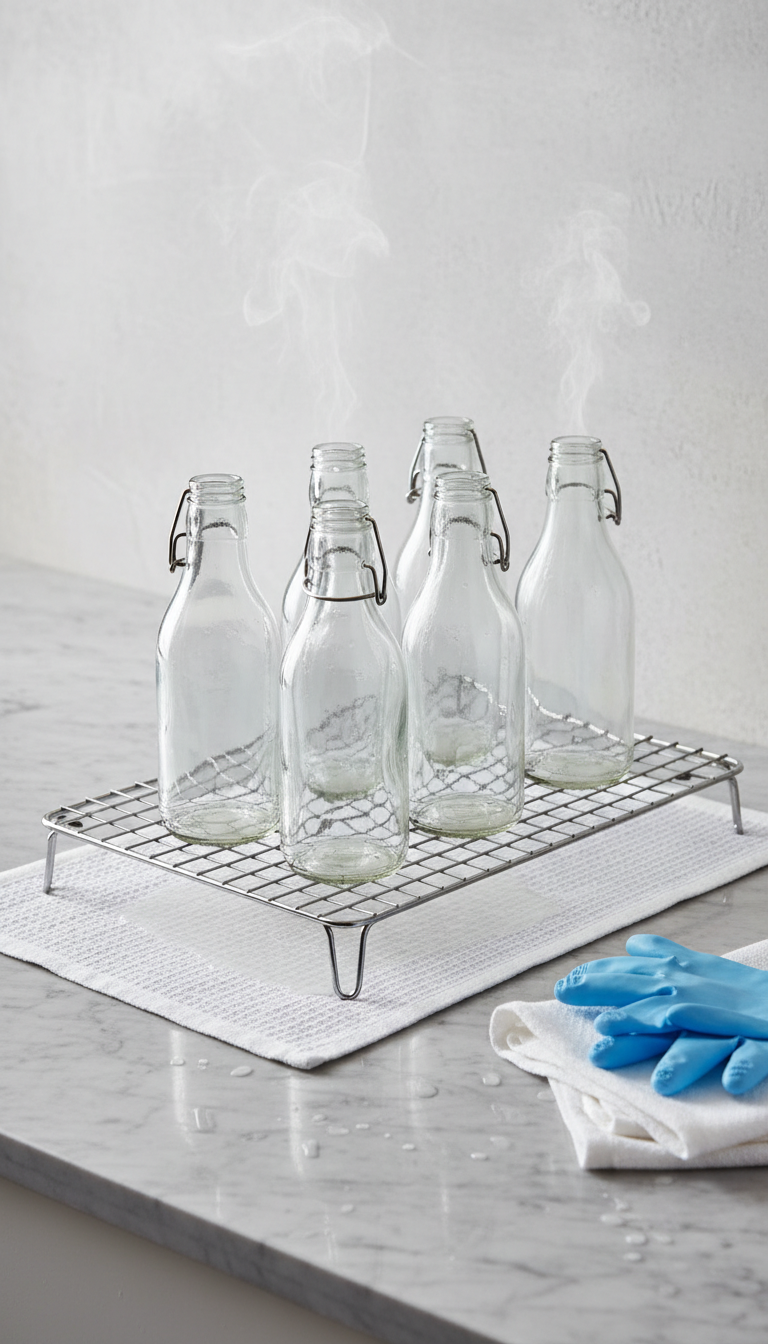 Recently sterilized clear glass syrup bottles inverted and draining on a wire rack over a towel on a marble counter, steam visible.