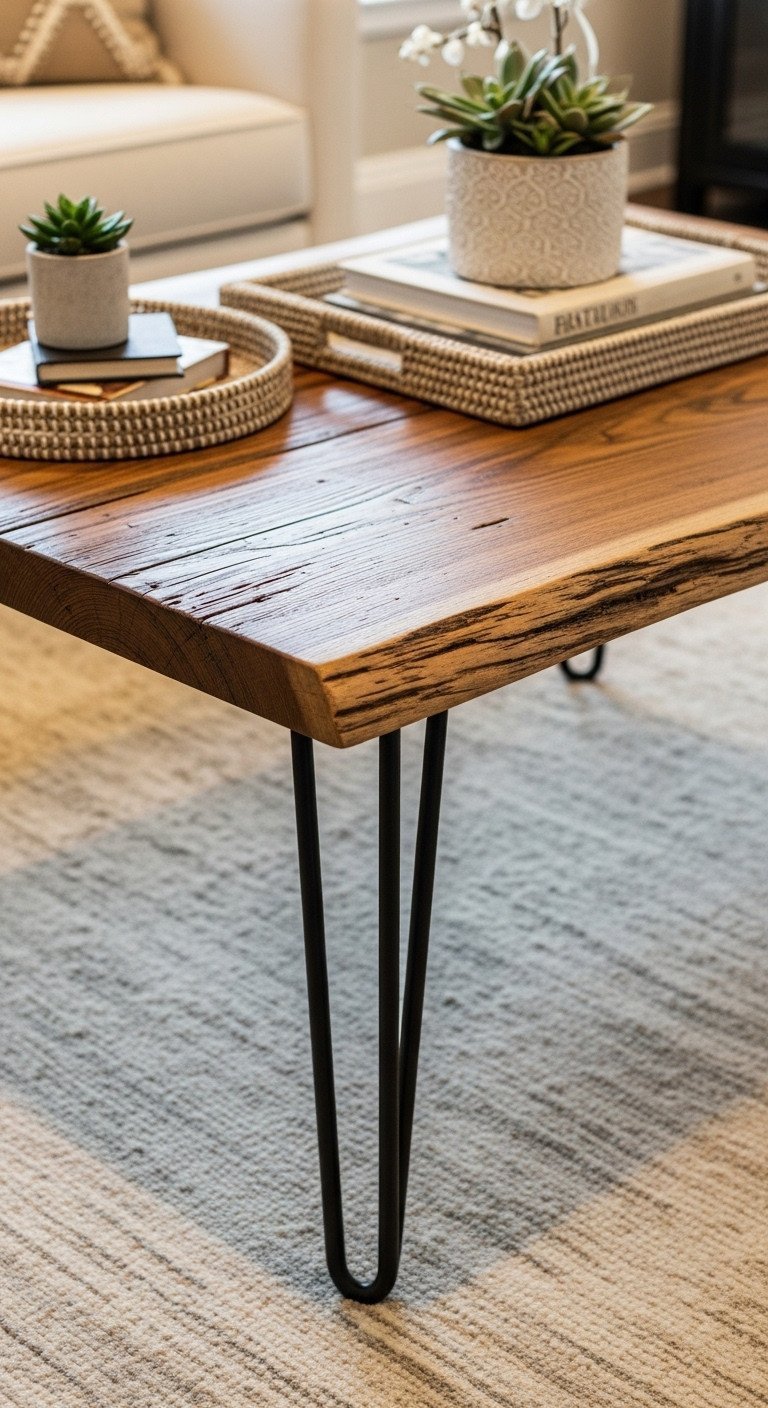 9 Creative Coffee Table Ideas To Elevate Your Home Style 1 Reclaimed wood live-edge coffee table with natural grain and matte black industrial hairpin legs in a cozy living room, accented with decor.
