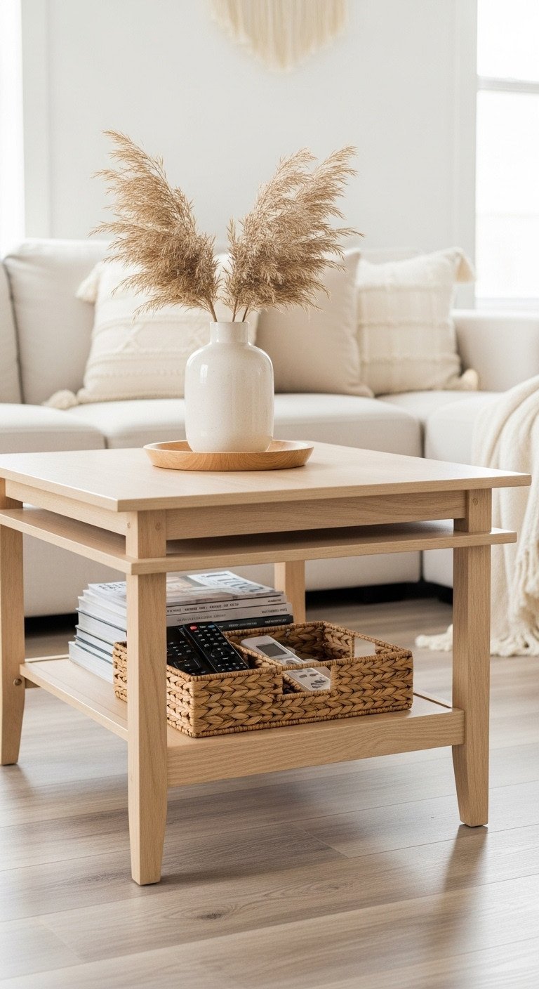 Discover 11 Genius Boho Coffee Table Ideas for Eclectic Homes 7 Rectangular 2-tier light wood coffee table with pampas grass, woven basket organizing magazines in a modern boho living area.