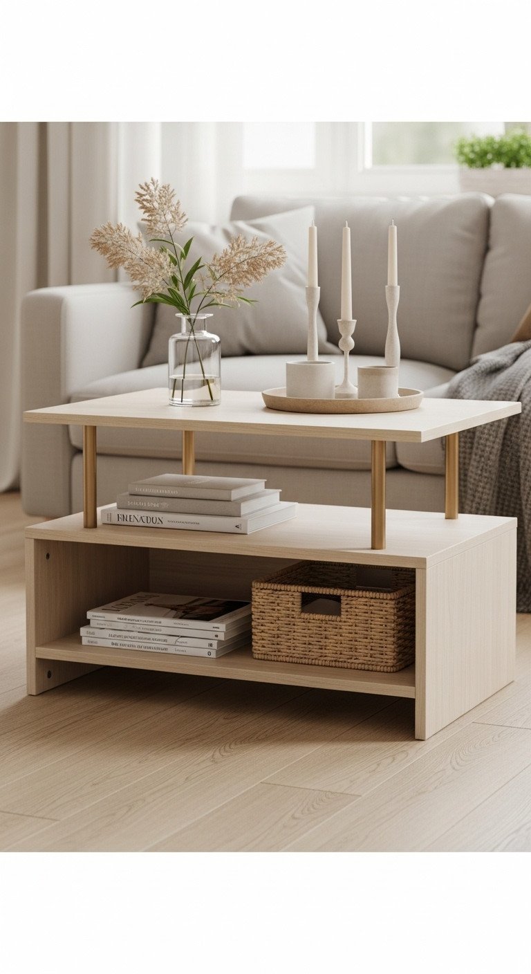 Rectangular 2-tier minimalist coffee table with open lower storage shelf, neatly organized with books in a cozy living room.