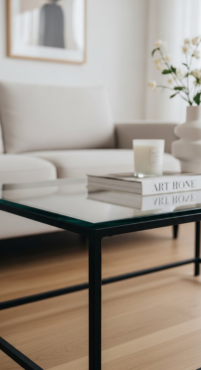Rectangular glass top coffee table with slim black metal frame, making a modern living room feel spacious and airy.