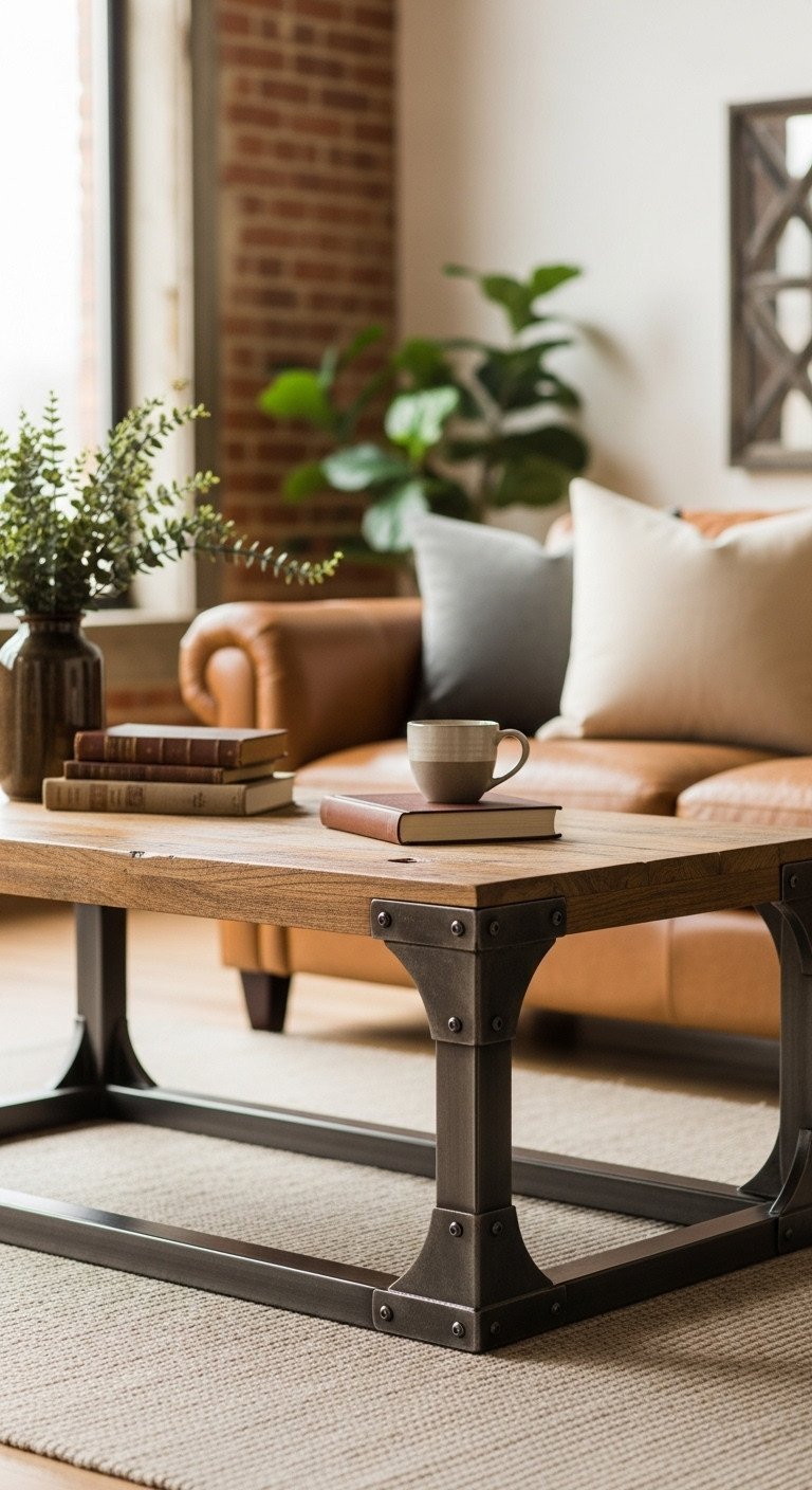 Rectangular industrial coffee table with reclaimed wood top, distressed metal legs, styled with a book & mug in rustic living room.