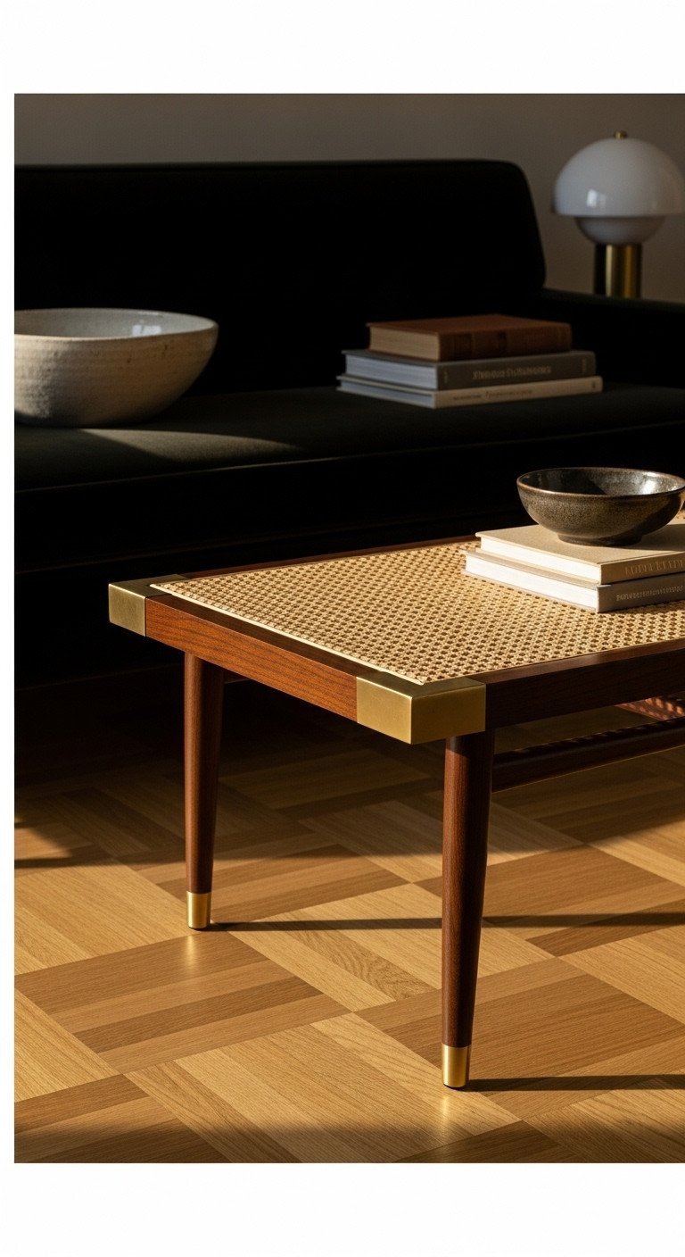 Rectangular mid-century rattan coffee table with dark wood legs, brass caps & cane panel in elegant modern living room.