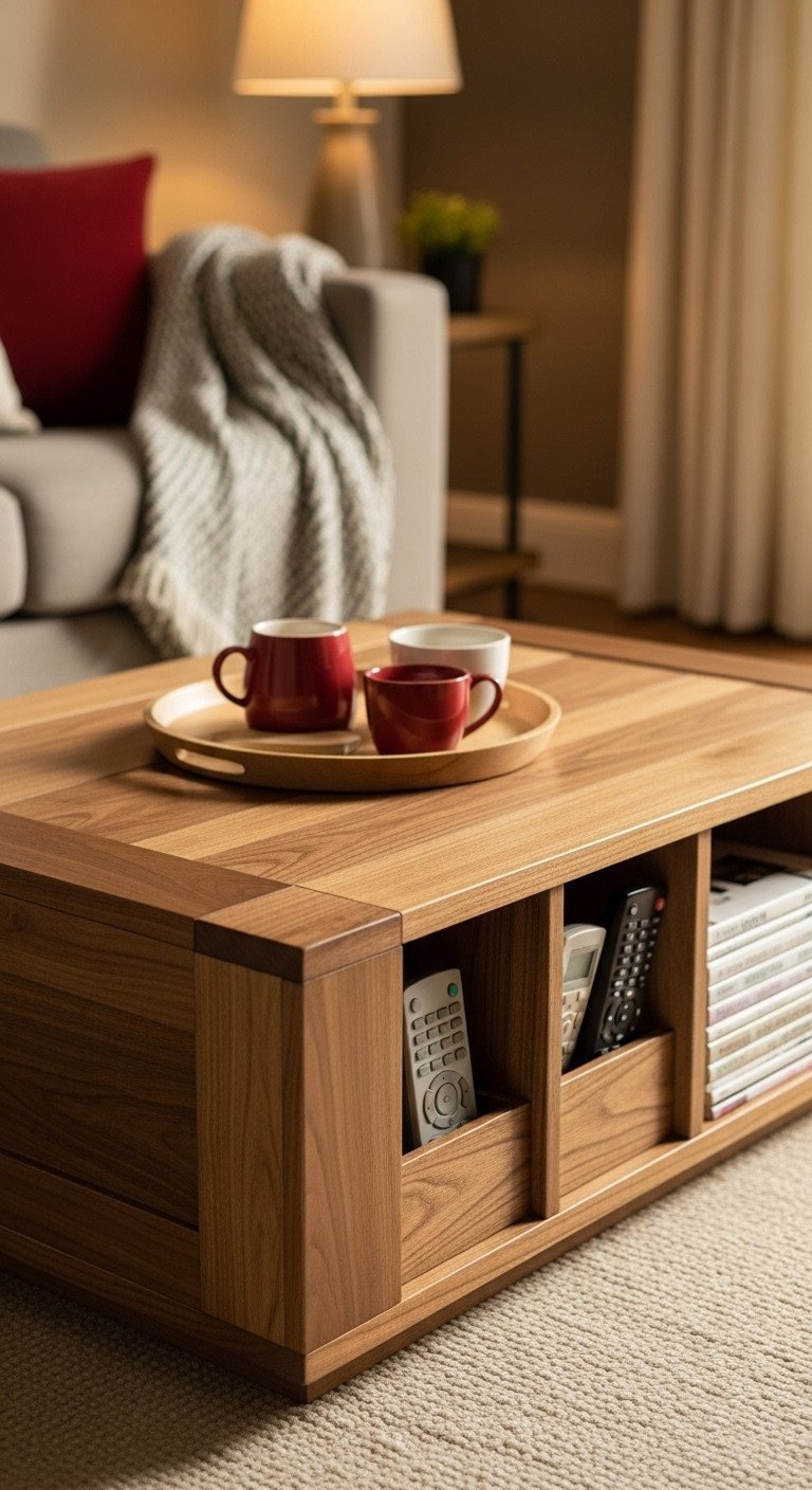 7 Genius Pallet Wood Coffee Table Ideas For Easy DIY 3 Rectangular pallet wood coffee table, dark walnut finish, with open storage cubbies. Remotes, throw, warm living room. Creams, golden browns, red accents.
